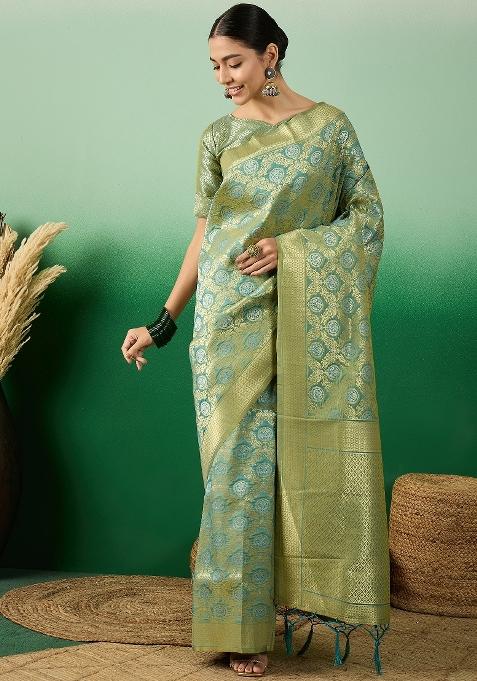 Sky Blue Motif Silk Saree Set