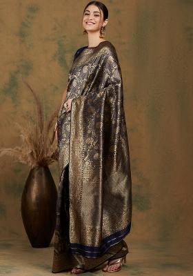 Navy Blue Motif Silk Saree Set