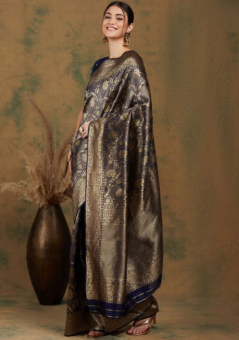 Navy Blue Motif Silk Saree Set - Indya