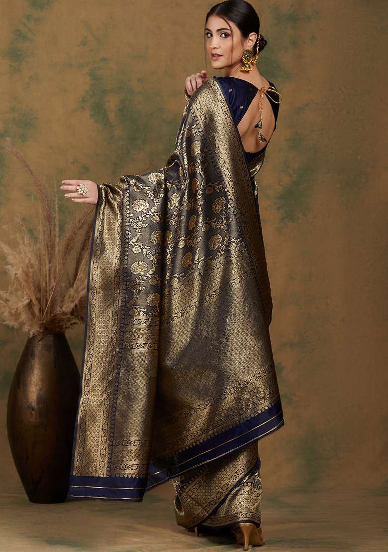 Navy Blue Motif Silk Saree Set - Indya