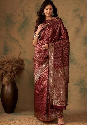 Maroon Motif Silk Saree Set