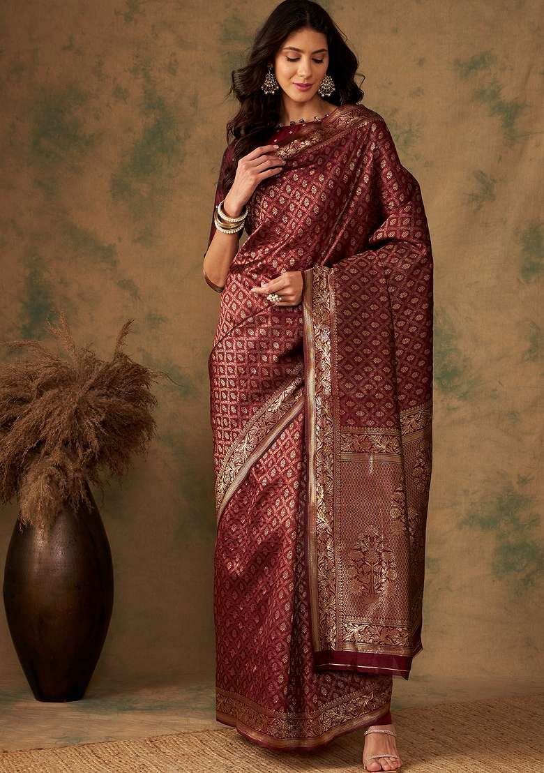Maroon Motif Silk Saree Set - Indya