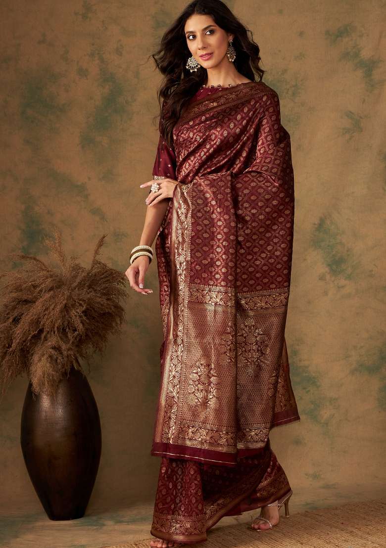 Maroon Motif Silk Saree Set - Indya