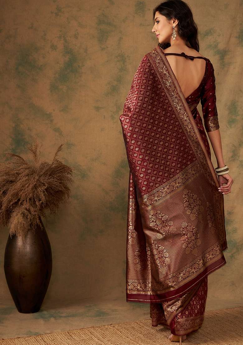 Maroon Motif Silk Saree Set - Indya