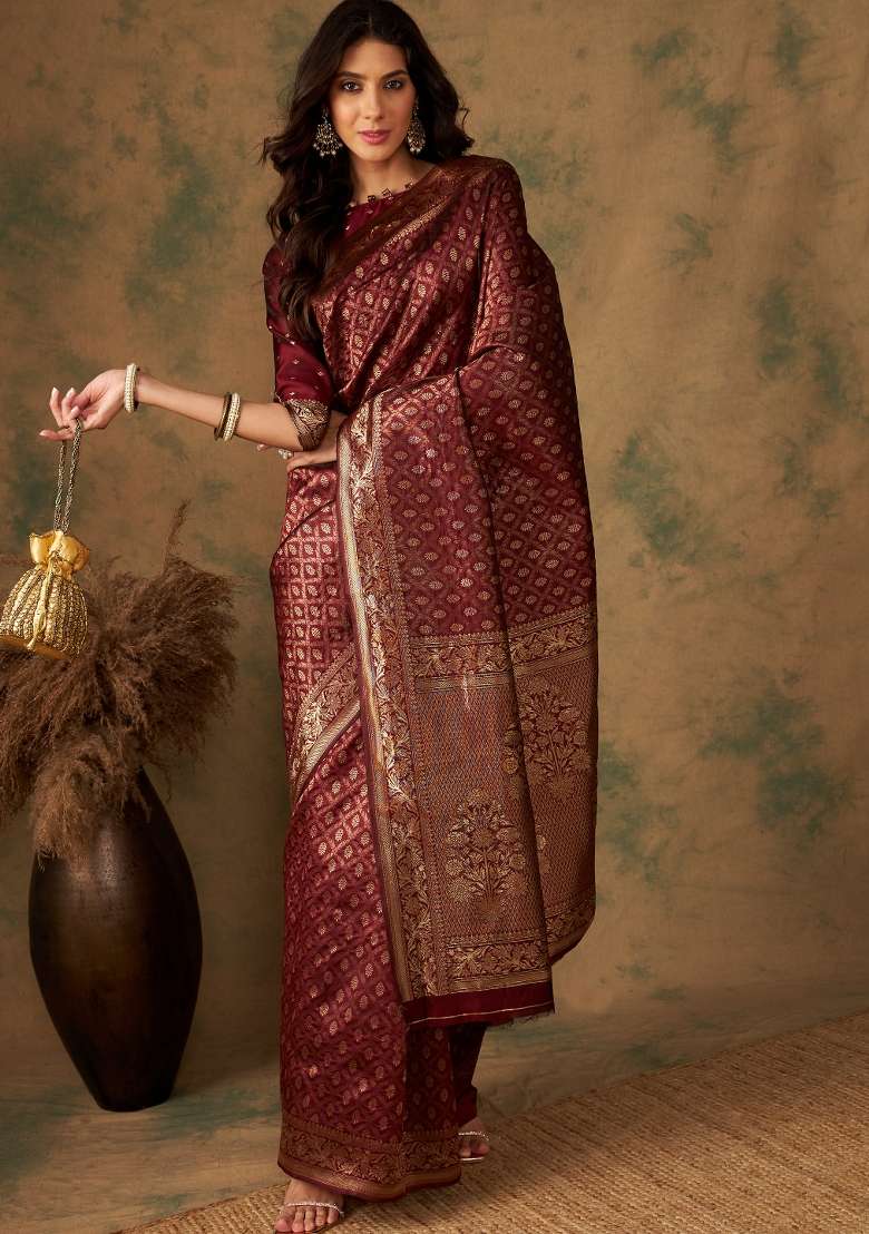 Maroon Motif Silk Saree Set - Indya