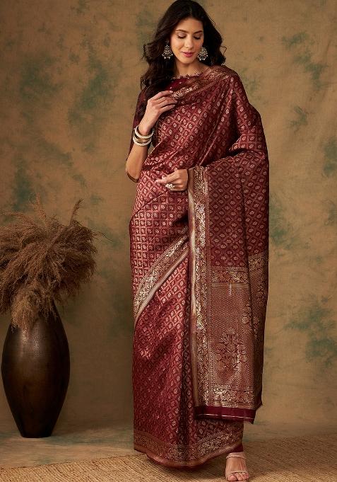 Maroon Motif Silk Saree Set