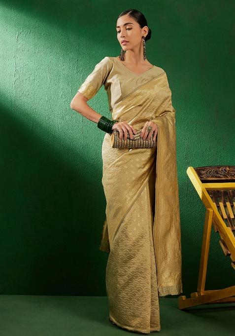 Beige Motif Silk Saree Set