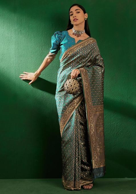 Sky Blue Motif Silk Saree Set