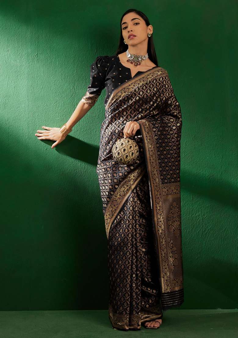 Black Motif Silk Saree Set - Indya