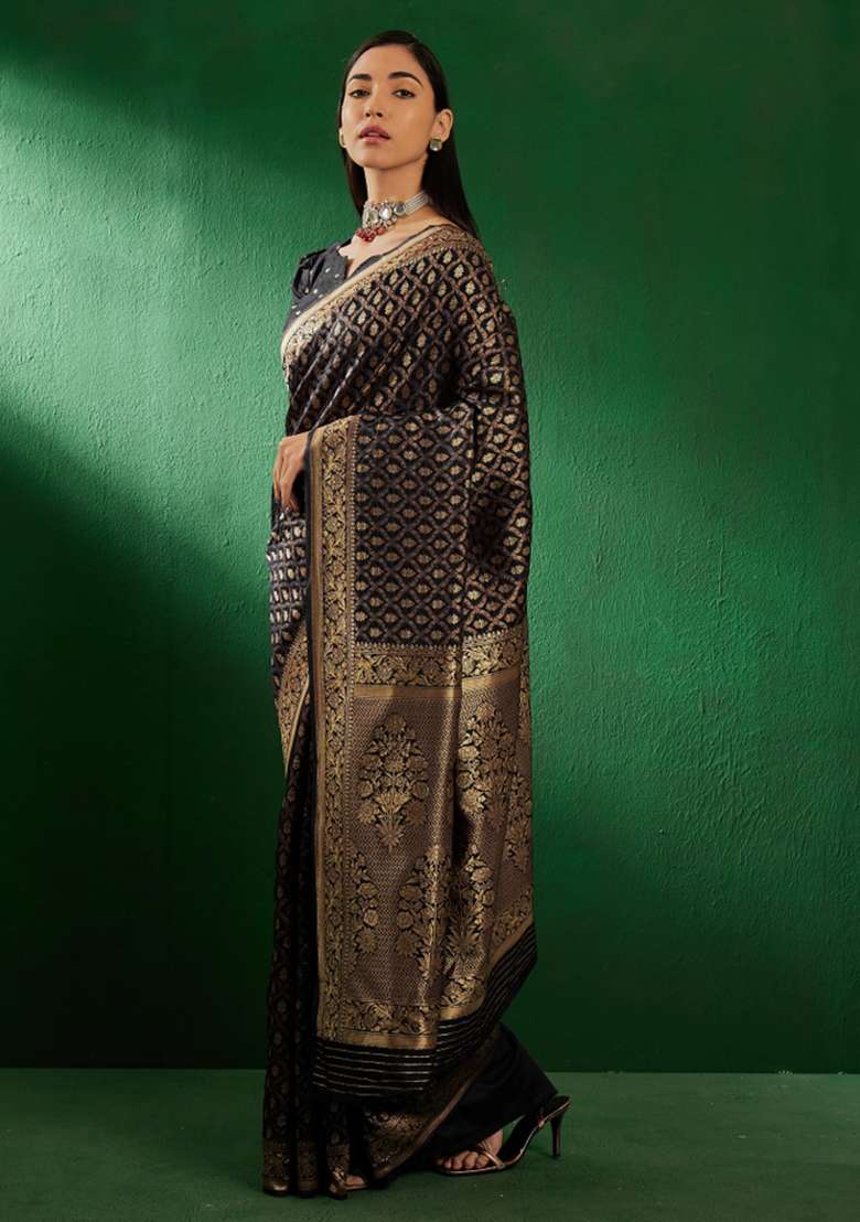 Black Motif Silk Saree Set - Indya