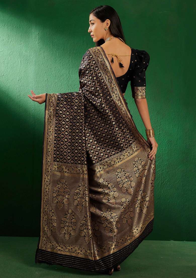 Black Motif Silk Saree Set - Indya