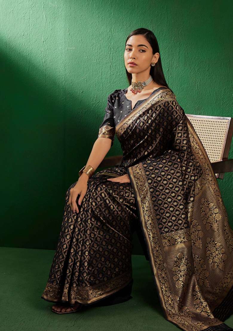 Black Motif Silk Saree Set - Indya