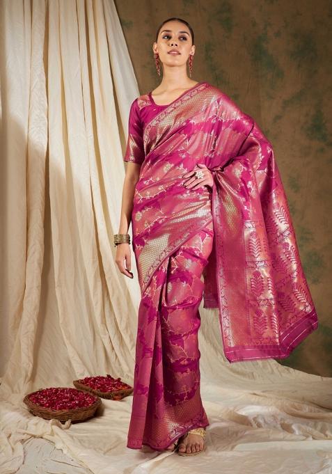 Pink Motif Silk Saree Set