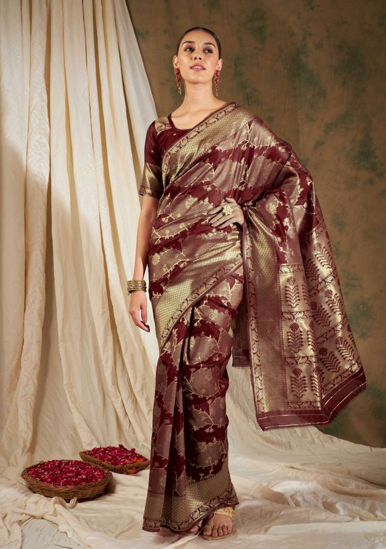 Maroon Motif Silk Saree Set - Indya