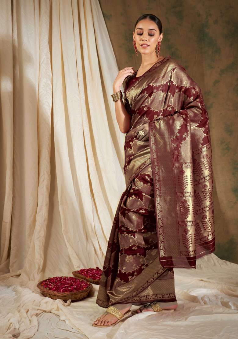 Maroon Motif Silk Saree Set - Indya