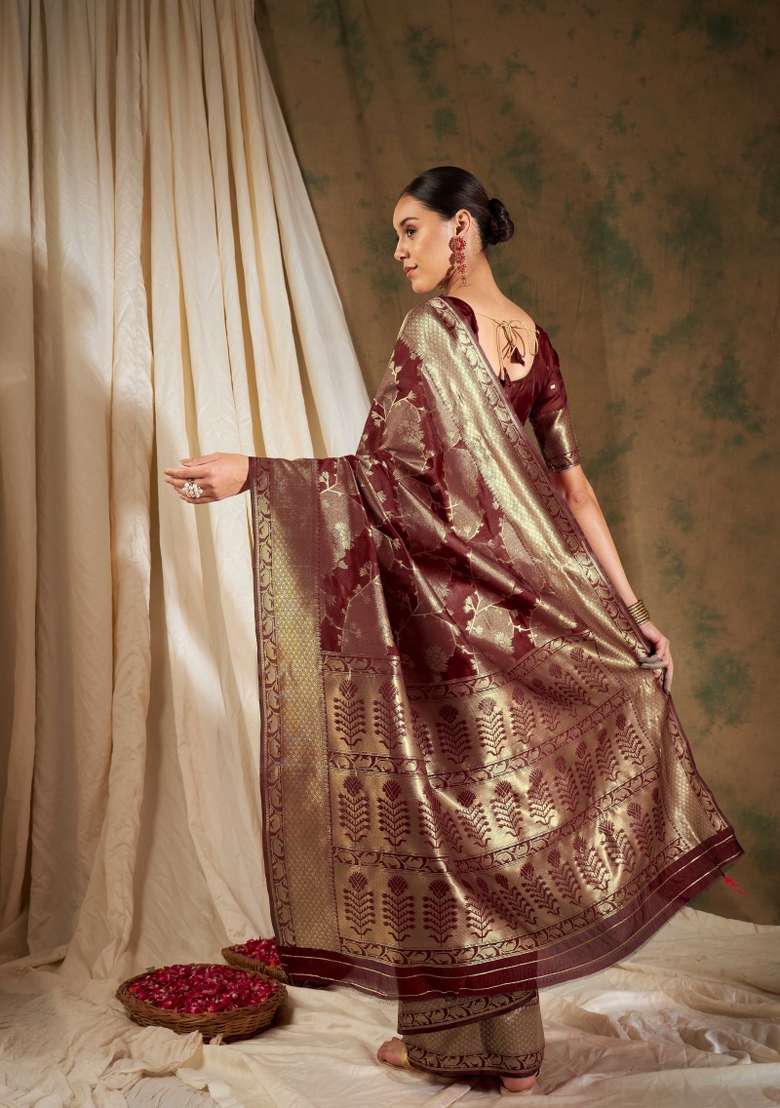 Maroon Motif Silk Saree Set - Indya