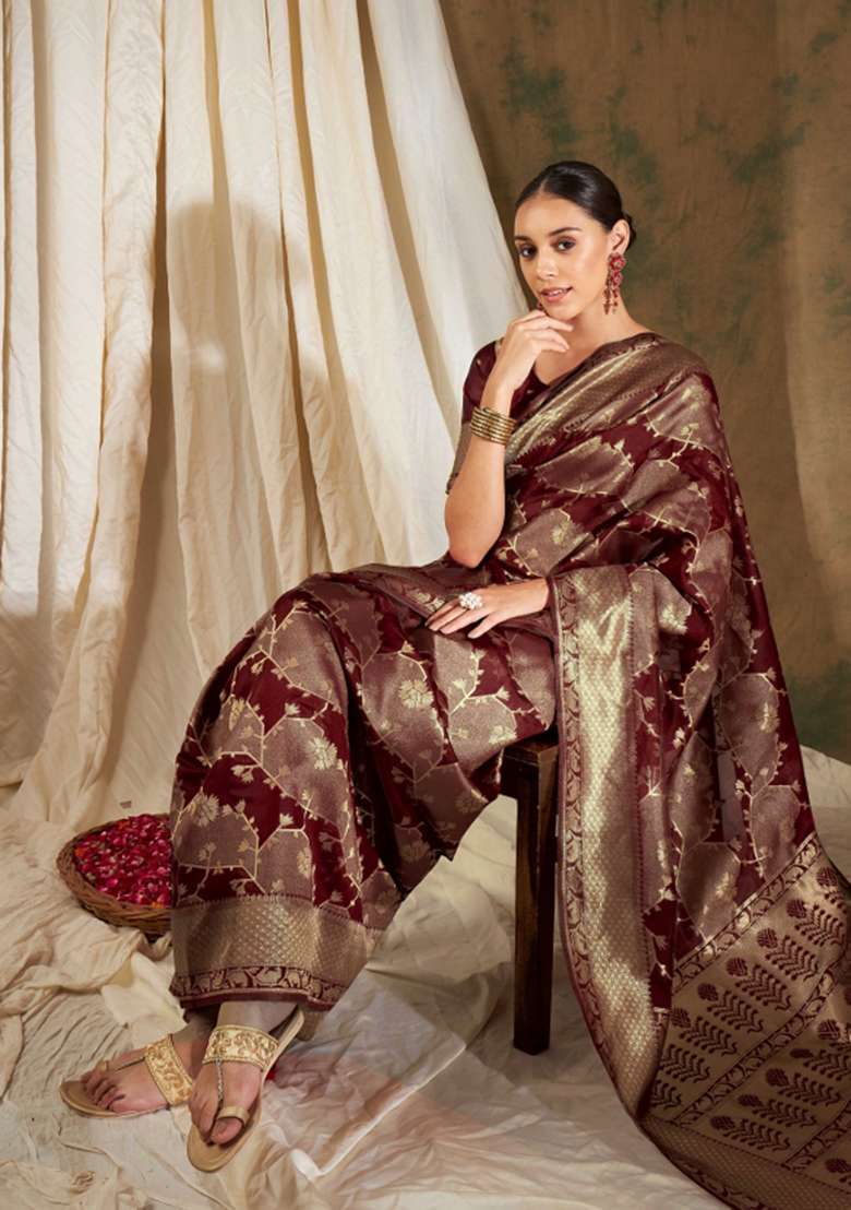 Maroon Motif Silk Saree Set - Indya