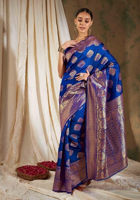 Blue Motif Silk Saree Set