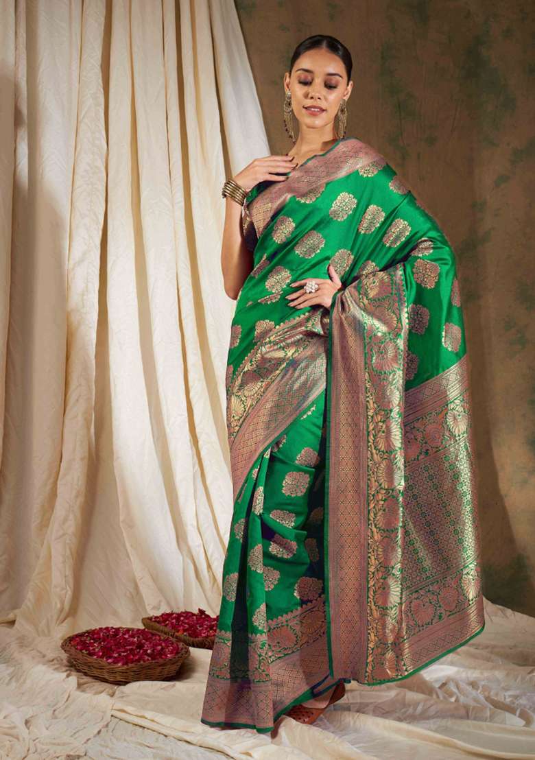 Green Motif Silk Blend Saree Set - Indya
