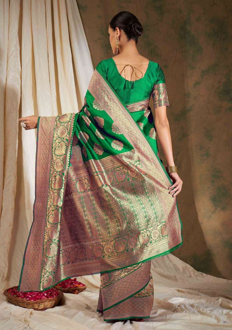 Green Motif Silk Blend Saree Set - Indya