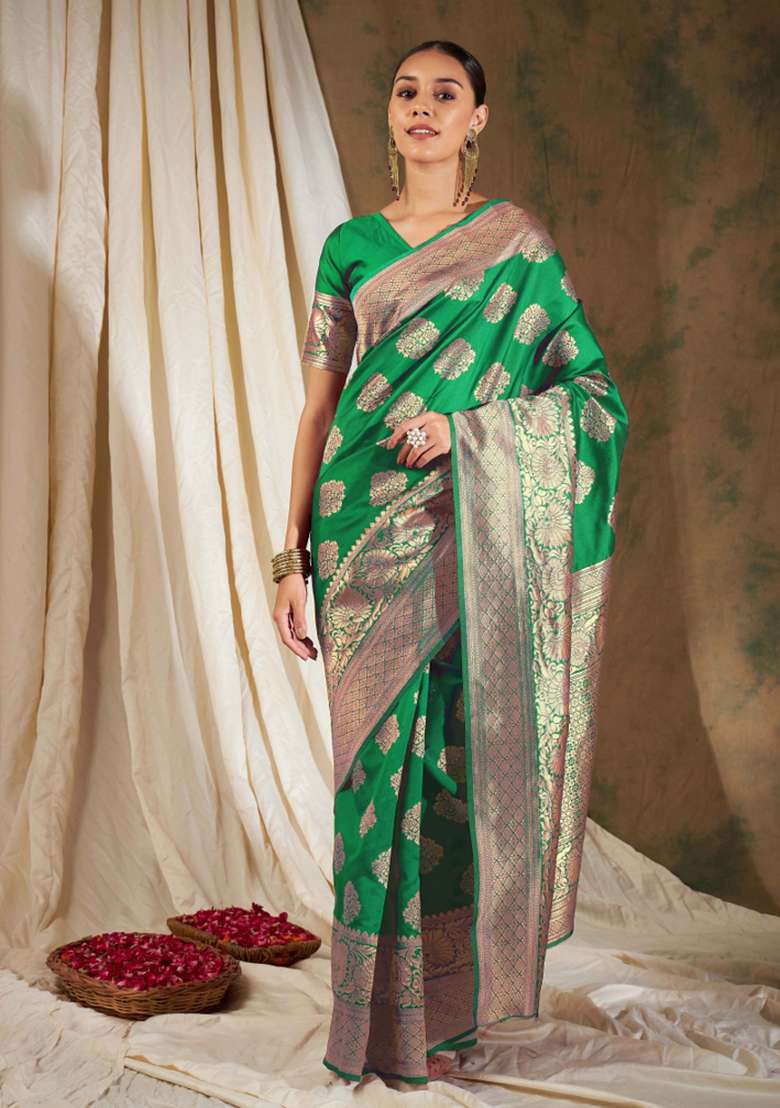 Green Motif Silk Blend Saree Set - Indya