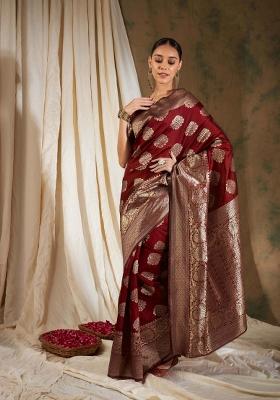 Maroon Motif Silk Saree Set