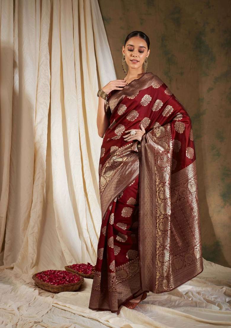 Maroon Motif Silk Blend Saree Set - Indya