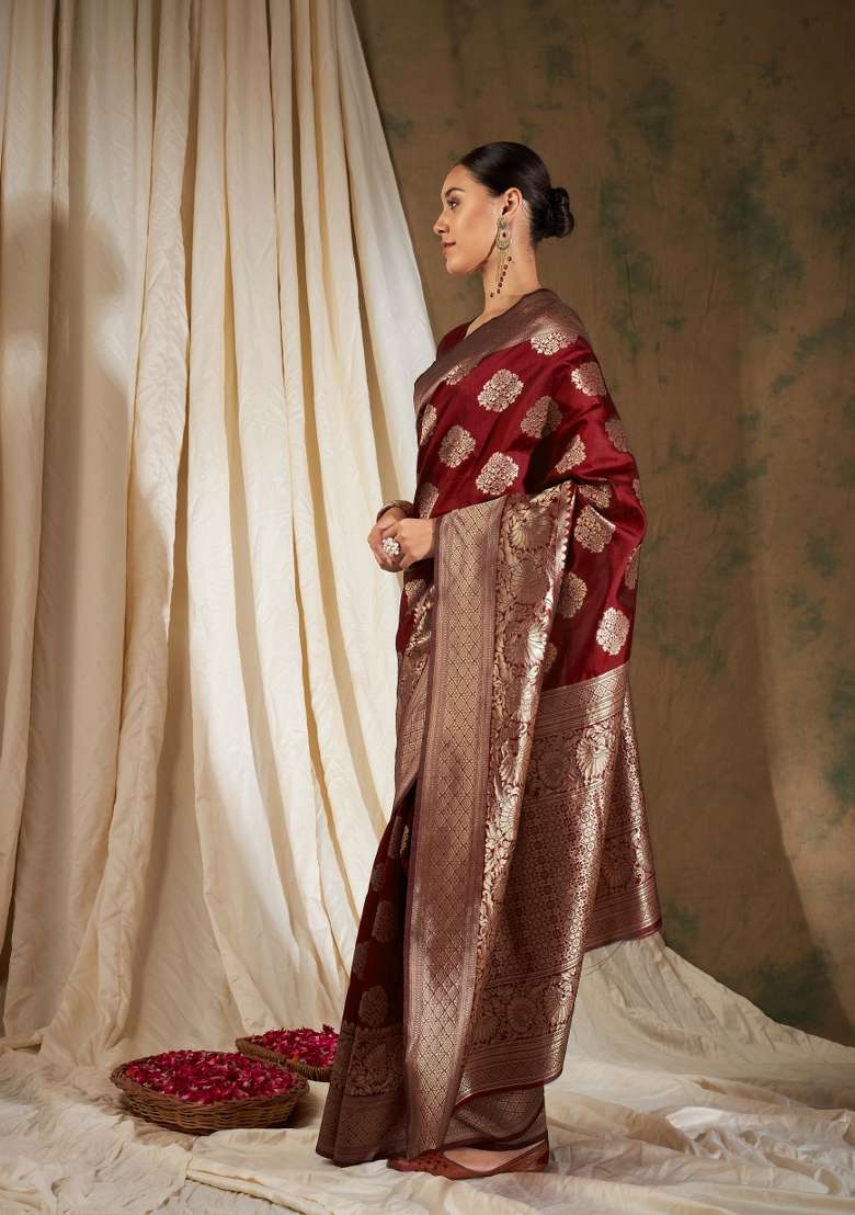 Maroon Motif Silk Blend Saree Set - Indya