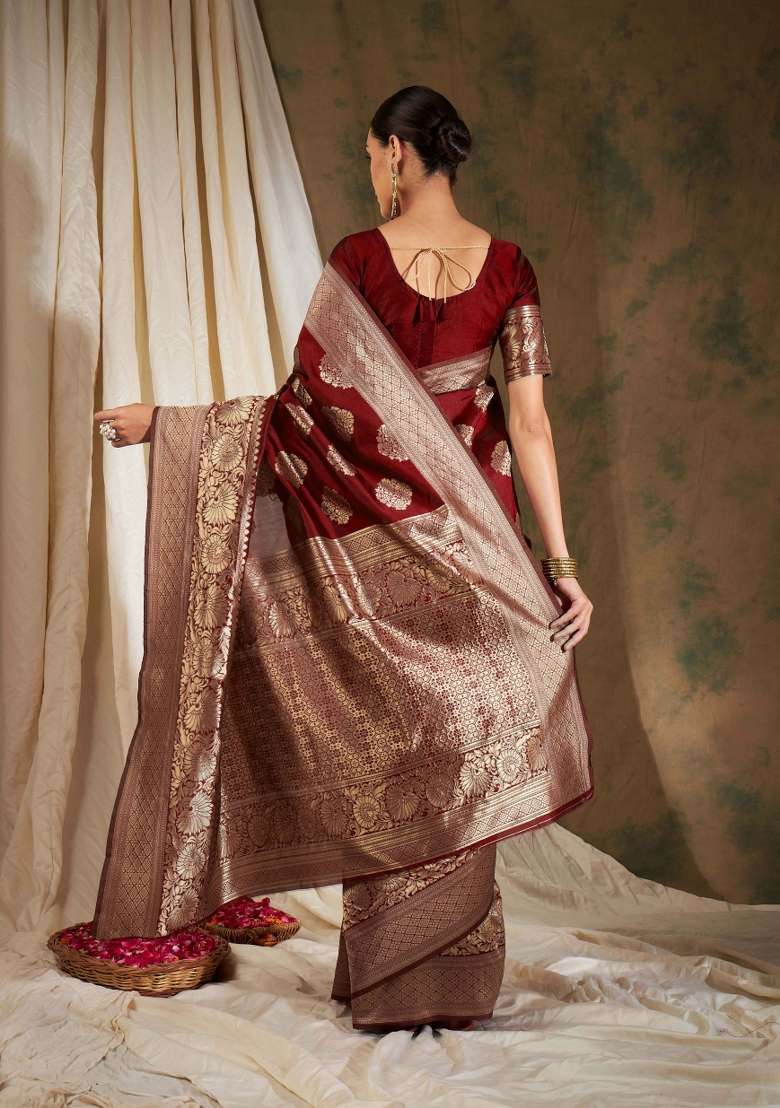 Maroon Motif Silk Blend Saree Set - Indya