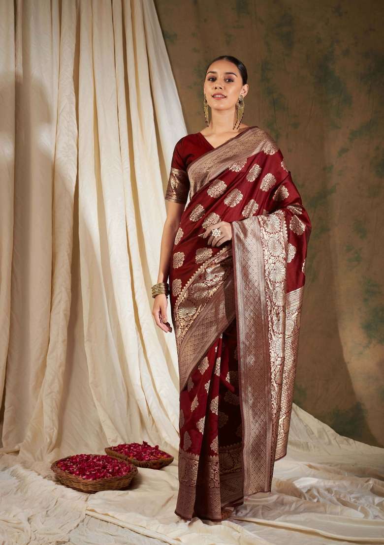 Maroon Motif Silk Blend Saree Set - Indya