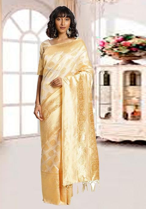 Cream Motif Silk Saree Set