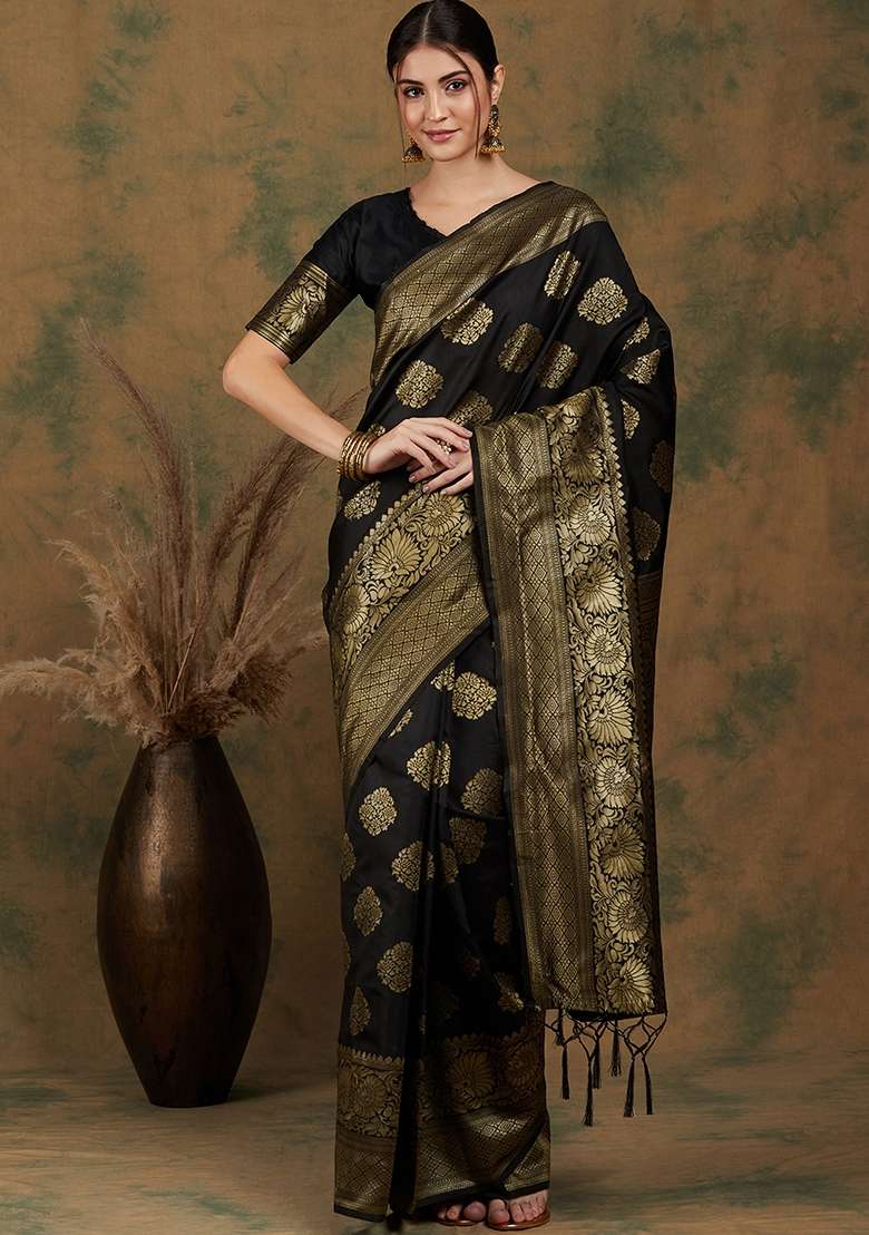 Black Motif Silk Saree Set - Indya