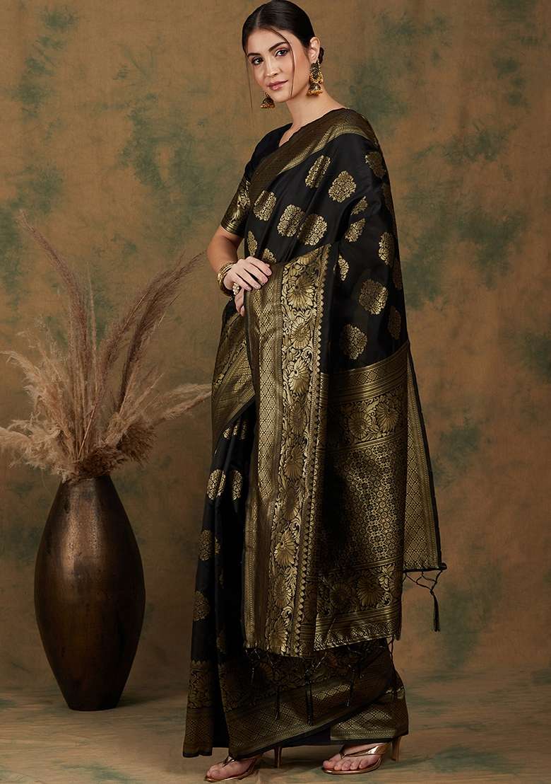 Black Motif Silk Saree Set - Indya