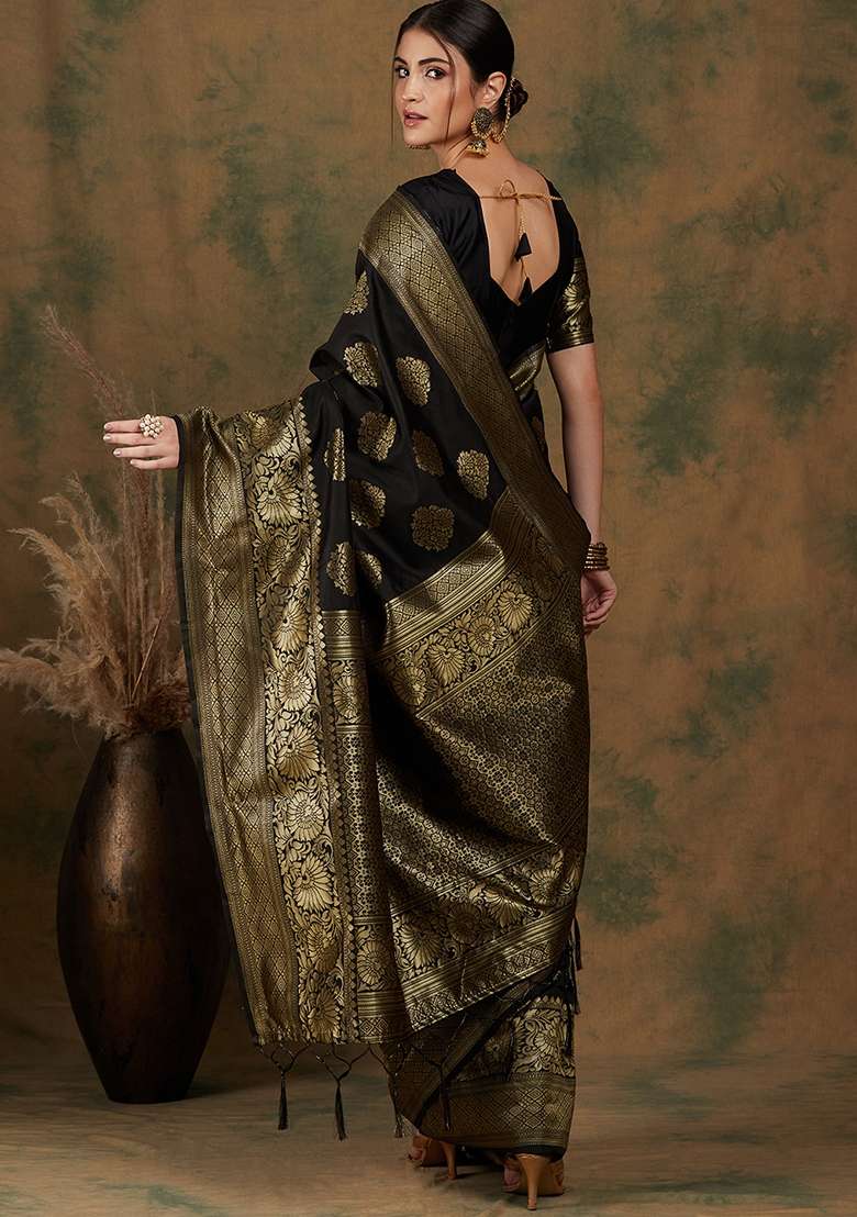 Black Motif Silk Saree Set - Indya