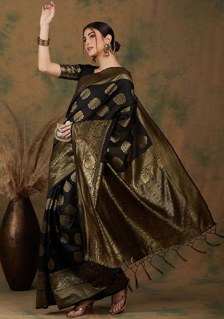 Black Motif Silk Saree Set - Indya