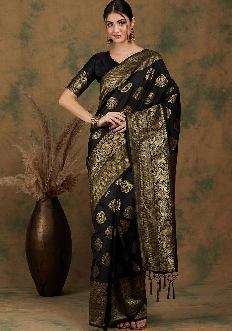Black Motif Silk Saree Set