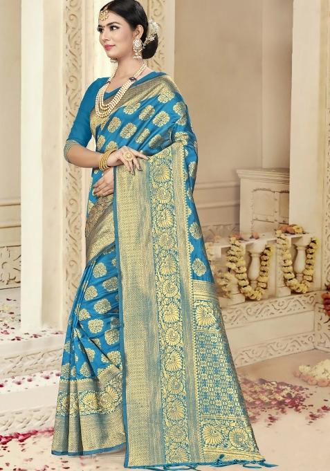 Blue Motif Silk Saree Set