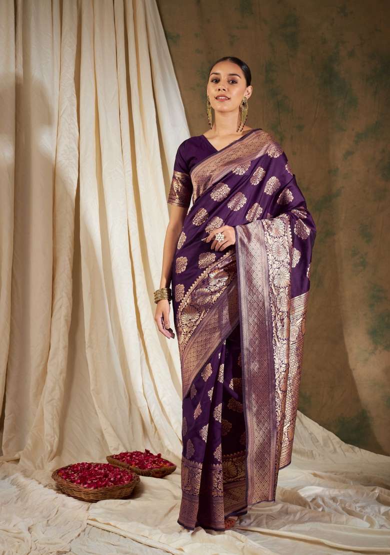 Purple Motif Silk Saree Set - Indya