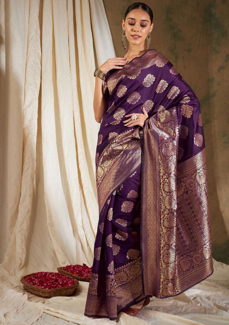 Purple Motif Silk Saree Set - Indya