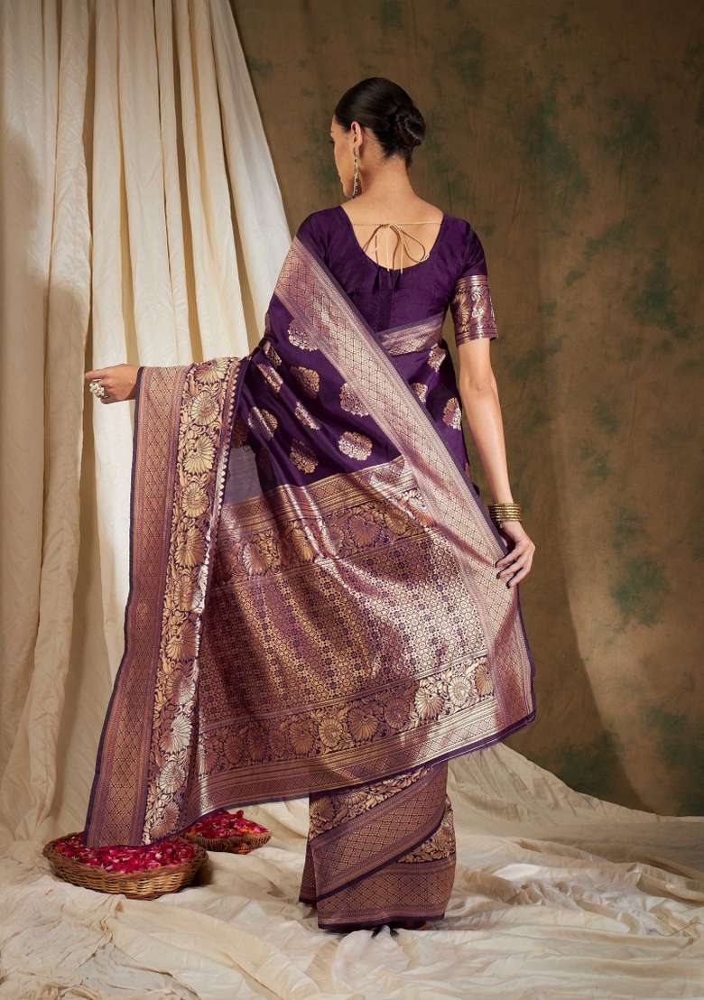 Purple Motif Silk Saree Set - Indya