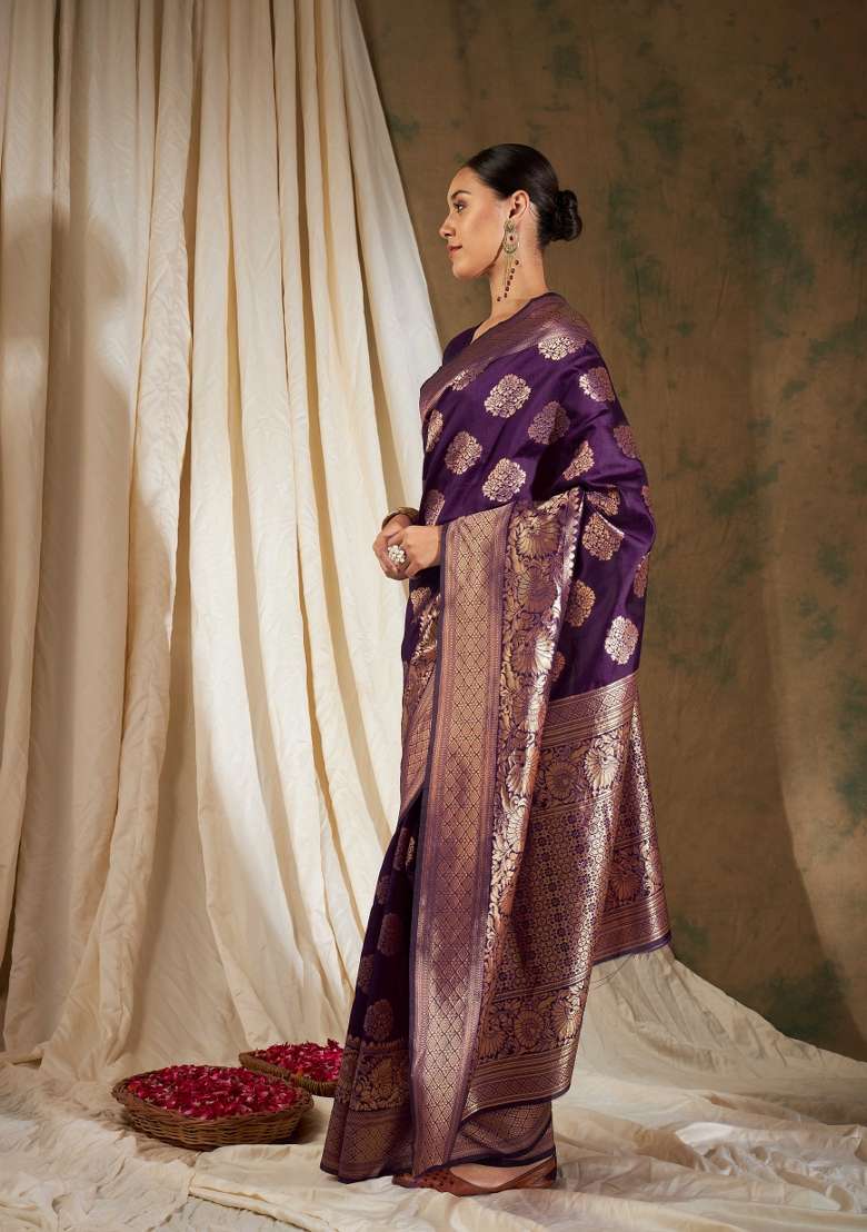 Purple Motif Silk Saree Set - Indya