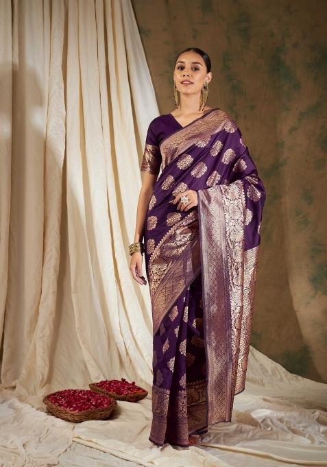 Purple Motif Silk Saree Set