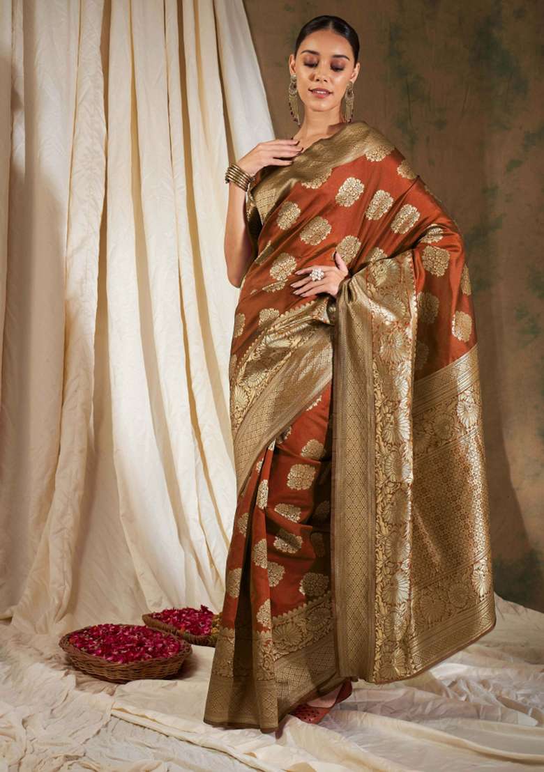 Orange Motif Silk Saree Set - Indya