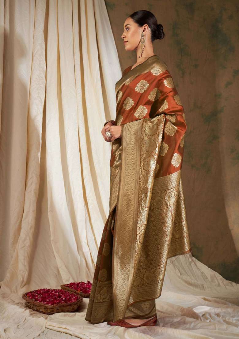 Orange Motif Silk Saree Set - Indya