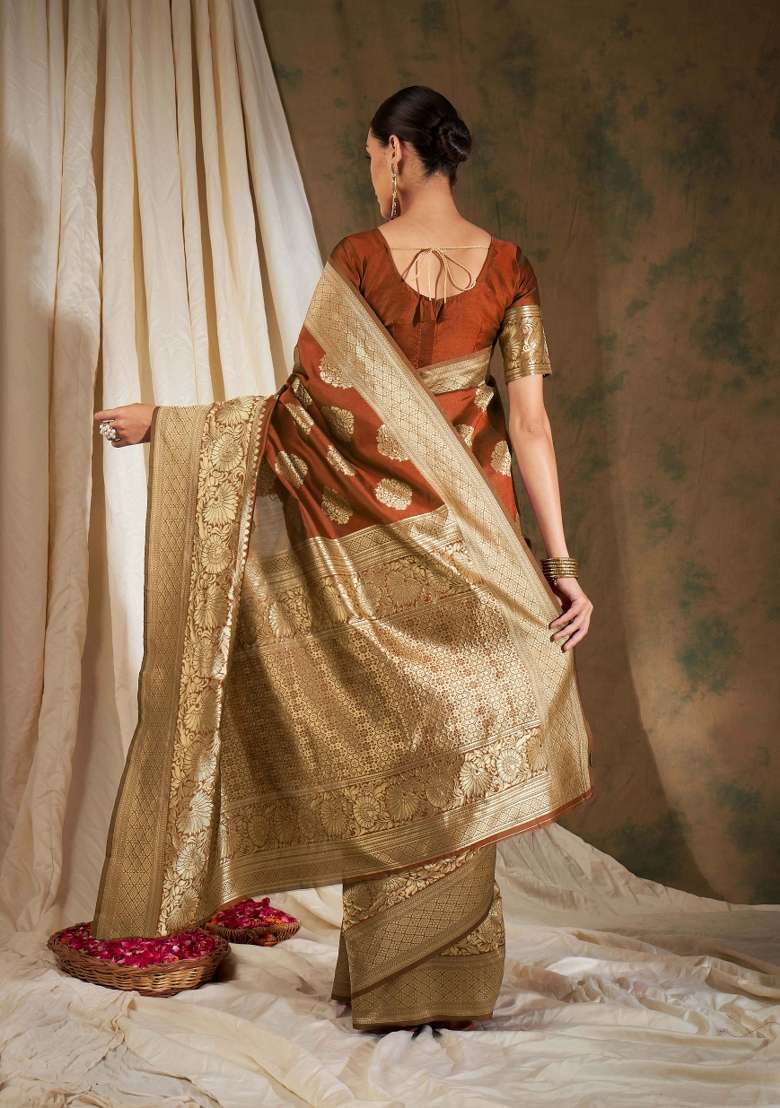 Orange Motif Silk Saree Set - Indya