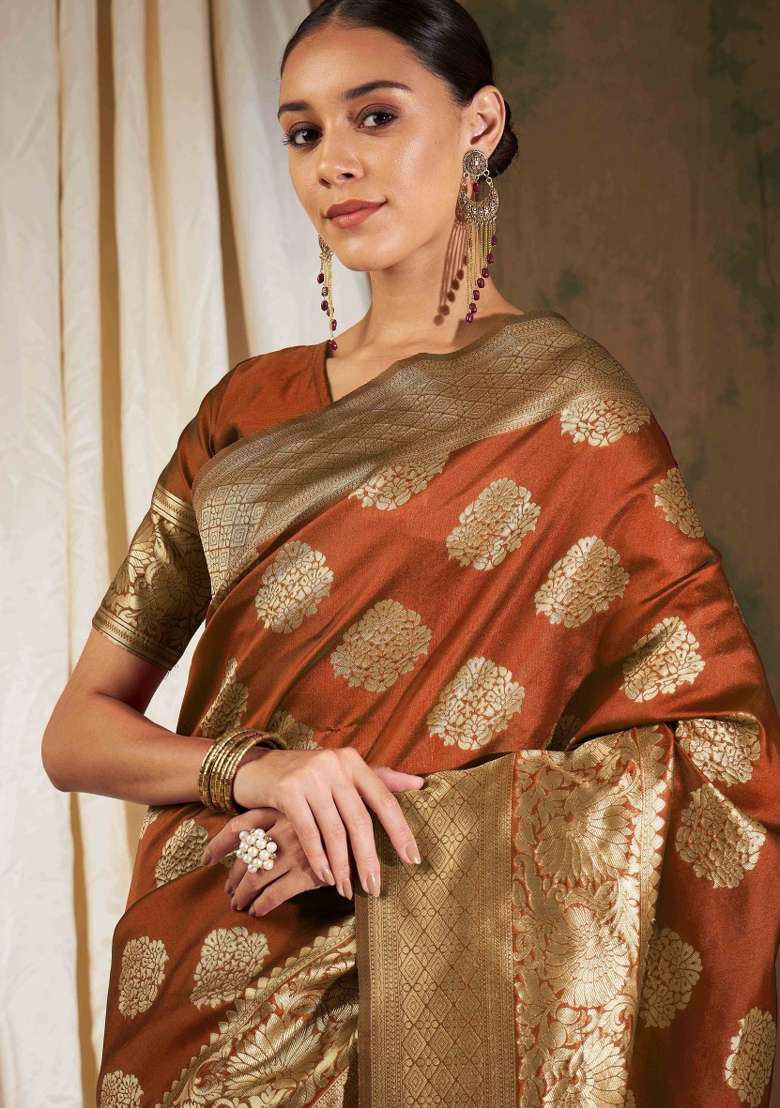 Orange Motif Silk Saree Set - Indya