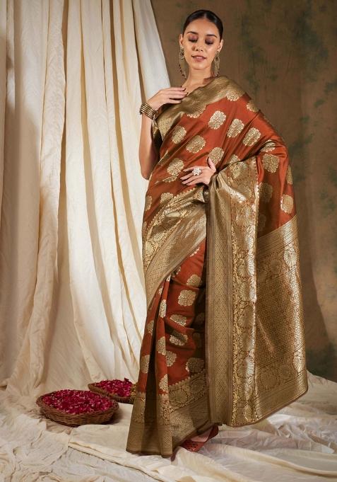Orange Motif Silk Saree Set