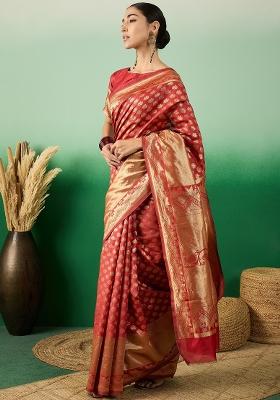 Red Motif Silk Saree Set