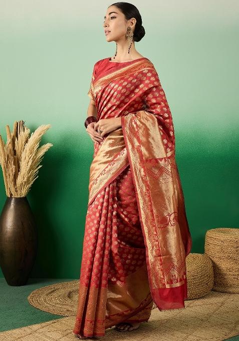 Red Motif Silk Saree Set