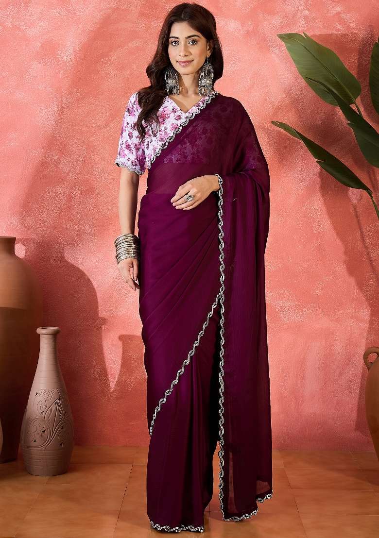 Wine Embellished Chiffon Saree Set - Indya